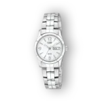 Citizen Quartz EQ0540-57A ezüst színű karóra, fehér számlappal és hétfői dátummal.