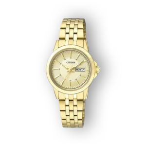 Arany színű Citizen Quartz EQ0603-59P karóra, dátum- és hétnap kijelzővel, elegáns, fényes számlappal.