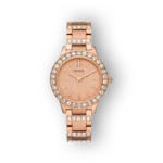 Rózsaszín Fossil óra, csillogó kövekkel díszített kerettel, elegáns fém szíjjal.