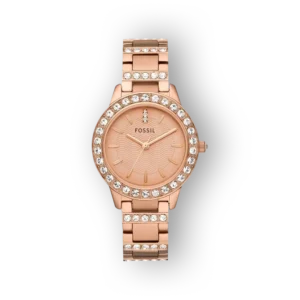 Rózsaszín Fossil óra, csillogó kövekkel díszített kerettel, elegáns fém szíjjal.