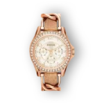 Fossil ES3466 karóra rózsaarany színű tokban, kristályokkal díszített, világos számlappal és bőrszíjjal.