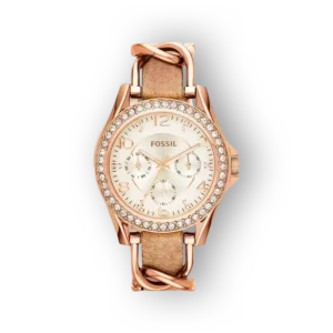 Fossil ES3466 karóra rózsaarany színű tokban, kristályokkal díszített, világos számlappal és bőrszíjjal.