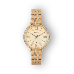 Fossil Jacqueline ES3546 aranyszínű karóra strasszkövekkel díszített számlappal.