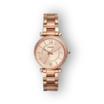 Fossil rózsaarany női óra, elegáns számlappal és díszített karkötővel.