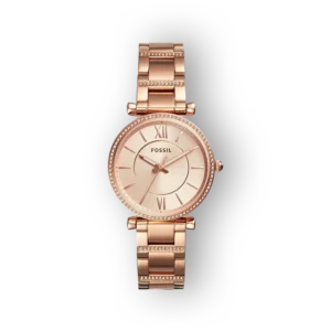 Fossil rózsaarany női óra, elegáns számlappal és díszített karkötővel.