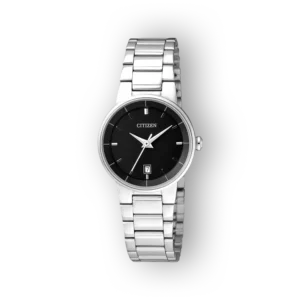 Fekete számlapos Citizen EU6010-53E férfióra fémszíjjal és dátumkijelzővel.