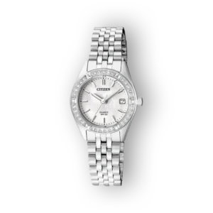 Citizen Quartz EU6060-55D ezüst szíjjal és gyöngyökkel díszített számlappal.