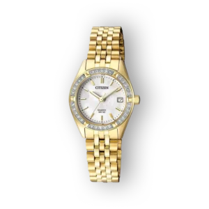 Citizen Quartz EU6062-50D arany színű női karóra, gyöngyház számlap, kövekkel díszített keret.