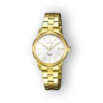 Arany színű Citizen óra, fehér, gyöngyház számlappal és dátumkijelzővel.