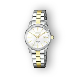Citizen Quartz EU6074-51D óra ezüst és aranyszínű fém karkötővel, fehér számlappal és dátumkijelzővel.