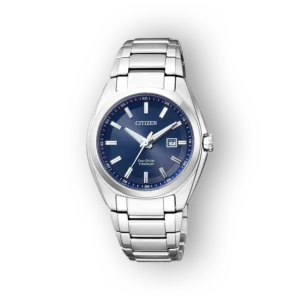 Citizen Super Titanium EW2210-53L karóra, kék számlappal és fényes acél szíjjal.