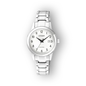 Citizen Eco-Drive FE1081-59B ezüst színű karóra fehér számlappal és analóg mutatókkal.