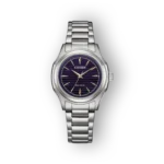 Citizend Eco-Drive FE2110-81L, ezüst karóra lila számlappal és fém szíjjal.