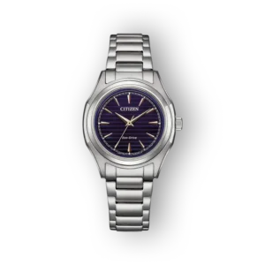 Citizend Eco-Drive FE2110-81L, ezüst karóra lila számlappal és fém szíjjal.