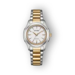 Citizen Eco-Drive FE2116-85A ezüst-arany karóra, fehér számlappal és arany mutatókkal.