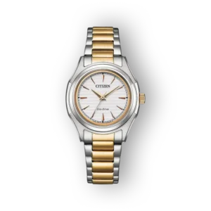 Citizen Eco-Drive FE2116-85A ezüst-arany karóra, fehér számlappal és arany mutatókkal.