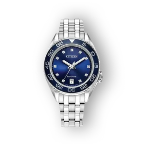 Citizen Eco-Drive karóra, kék számlappal és ezüst szíjjal, köves órajelzőkkel.