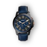 Kék bőrszíjjal és rosegold részletekkel díszített Fossil FS5061 karóra, analóg tárcsával.