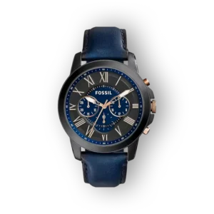 Kék bőrszíjjal és rosegold részletekkel díszített Fossil FS5061 karóra, analóg tárcsával.