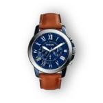 Fossil FS5151 férfi karóra kék számlappal és barna bőrszíjjal.