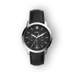 Fossil FS5452 fekete számlapú, ezüst keretű férfi óra bőr szíjjal.