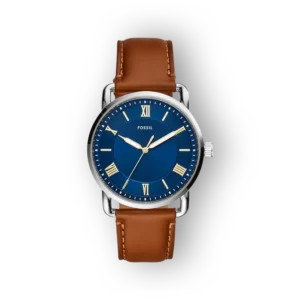 Fossil FS5661 karóra, kék számlappal és barna bőr szíjjal.