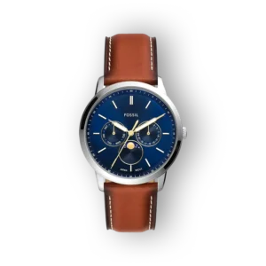 Fossil FS5903 karóra sötétkék számlappal és barna bőrszíjjal.