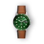 Fossil Blue FS5946 zöld számlapú karóra barna bőrszíjjal és ezüst színű tokban.