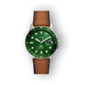 Fossil Blue FS5946 zöld számlapú karóra barna bőrszíjjal és ezüst színű tokban.