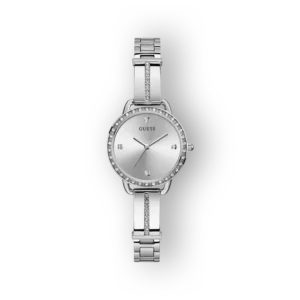 Ezüst színű Guess GW0022L1 karóra, kerek számlappal és strasszkövekkel díszített kerettel.