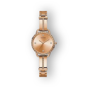 Rose gold Guess GW0022L3 női karóra, kristály díszítéssel és elegáns, fényes szíjjal.
