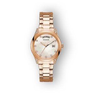 Ezüst és rózsaarany színű Guess női óra gyöngyház tárcsával és kövekkel díszített csattal.