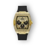 Aranyozott, fekete bőrszíjas karóra fekete számlappal és strasszkövekkel díszítve.