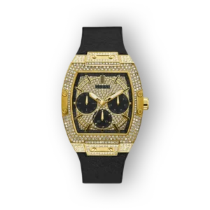 Aranyozott, fekete bőrszíjas karóra fekete számlappal és strasszkövekkel díszítve.