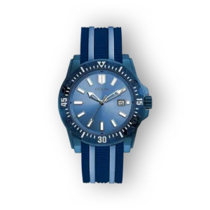 Guess kék karóra elölnézetből, piros szíjjal.