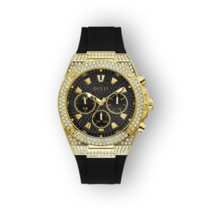 Guess márkájú, aranyozott fekete karóra részletgazdag kidolgozással
