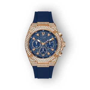 Kék szilikon szíjas Guess karóra, arany színű részletekkel és strasszokkal díszítve.