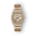 Rózsaszín arany színű Guess karóra, díszes számlappal és kifinomult ipari mintázattal.