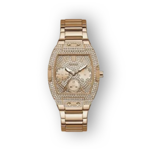 Rózsaszín arany színű Guess karóra, díszes számlappal és kifinomult ipari mintázattal.