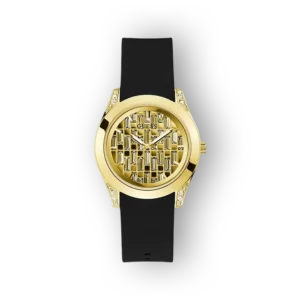 Guess aranyóra fekete kaucsuk szíjjal, előlnézet.