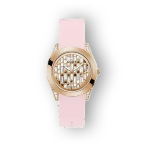 Rózsaszín szíjjal készült Guess GW0109L2 óra, arany színű tok, díszített óralap.
