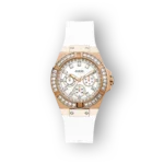 Guess GW0118L4 fehér szíjas, rozé arany keretű karóra, díszes óralappal és kronográf funkciókkal.