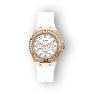 Guess GW0118L4 fehér szíjas, rozé arany keretű karóra, díszes óralappal és kronográf funkciókkal.