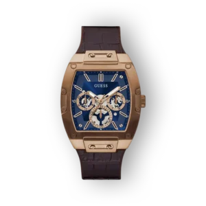 Kék számlapú, arany színű Guess karóra barna bőrszíjjal, többfunkciós órával.