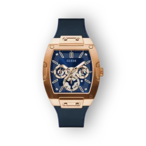 Aranyozott, kék számlapos Guess karóra, sportos dizájnnal és három kronográf funkcióval.