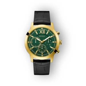 Zöld számlapos, arany fémkeretes Guess karóra fekete bőr szíjjal, króm részletekkel.