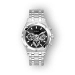 Fekete számlapos, ezüst színű Guess GW0260G1 karóra, krómozott fém karkötővel és stopper funkcióval.