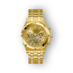 Arany színű Guess GW0260G4 karóra, részletes számlap és fém karkötő.