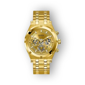 Arany színű Guess GW0260G4 karóra, részletes számlap és fém karkötő.
