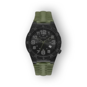 Guess férfi karóra zöld szíjjal, fekete számlappal és nagy számokkal. Tökéletes sportos megjelenéshez.